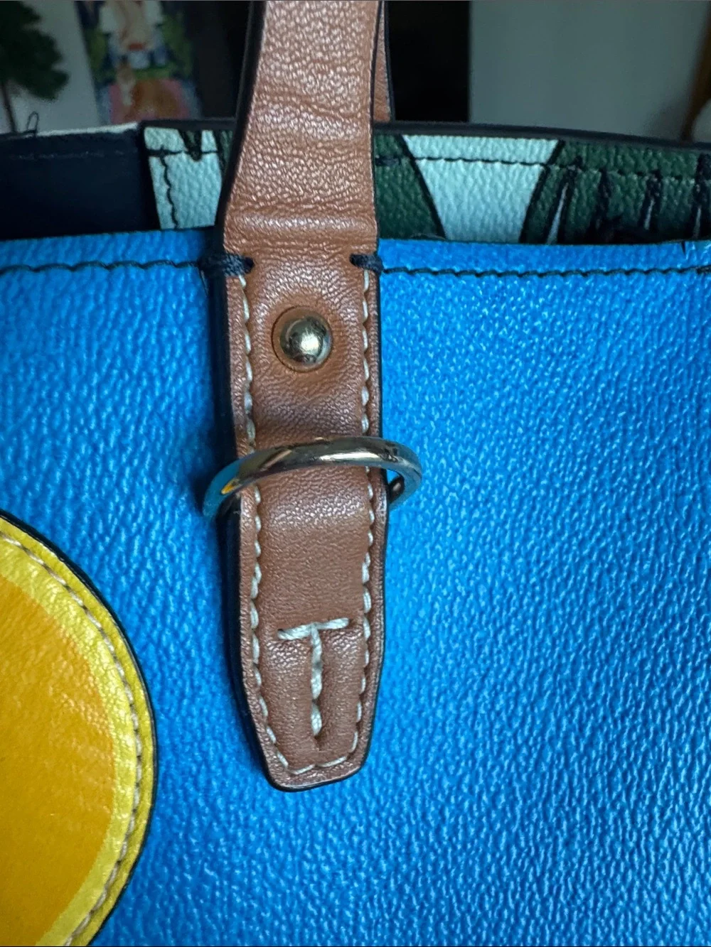 Tory Burch Kerrington Blue Parrot Tote with Brown Leather Handles